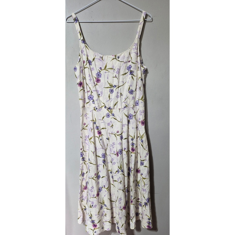 Basic Threads Santa Monica Linen Rayon Floral Midi Dress Purple Ivory Vintage M